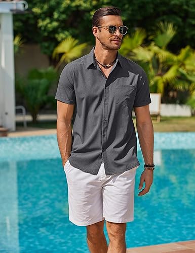 Mens Linen Look Shirt Short Sleeve Button Down Casual Summer Top