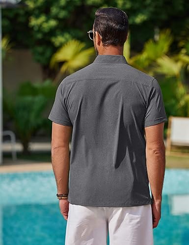 Mens Linen Look Shirt Short Sleeve Button Down Casual Summer Top