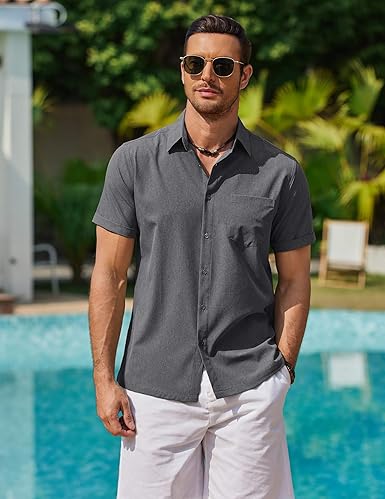 Mens Linen Look Shirt Short Sleeve Button Down Casual Summer Top