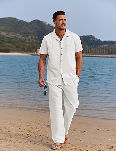 Men's Linen Outfit 2 Piece Set Button Shirt & Loose Pants Beachwear