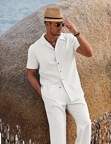 Men's Linen Outfit 2 Piece Set Button Shirt & Loose Pants Beachwear