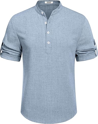 Mens Linen Henley Shirt Short Sleeve Band Collar Beach Summer Tee