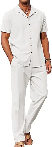 Men's Linen Outfit 2 Piece Set Button Shirt & Loose Pants Beachwear