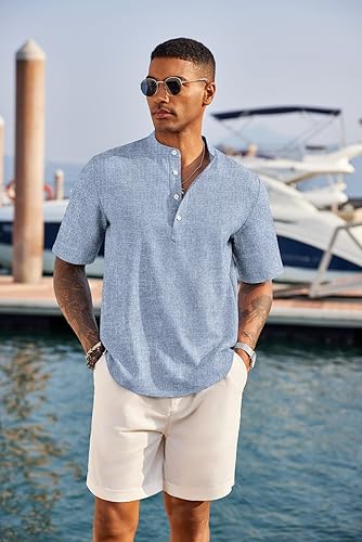 Mens Linen Henley Shirt Short Sleeve Band Collar Beach Summer Tee
