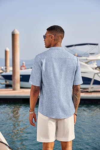 Mens Linen Henley Shirt Short Sleeve Band Collar Beach Summer Tee