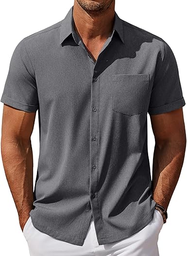 Mens Linen Look Shirt Short Sleeve Button Down Casual Summer Top