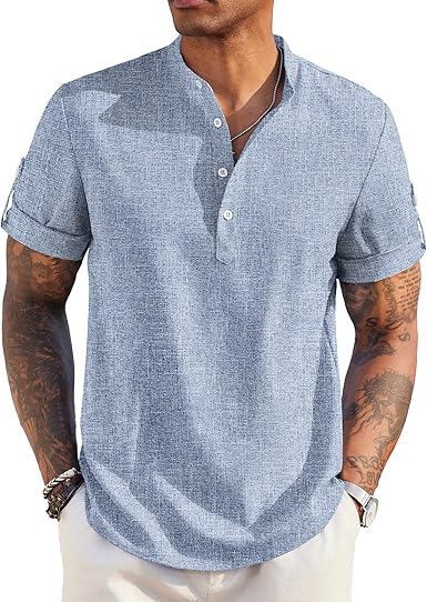 Mens Linen Henley Shirt Short Sleeve Band Collar Beach Summer Tee