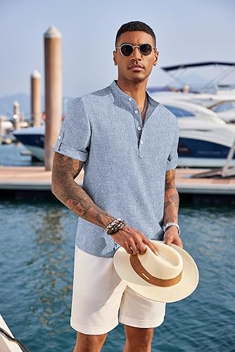 Mens Linen Henley Shirt Short Sleeve Band Collar Beach Summer Tee