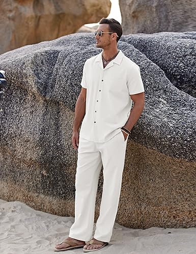 Men's Linen Outfit 2 Piece Set Button Shirt & Loose Pants Beachwear