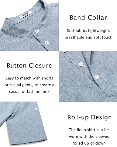 Mens Linen Henley Shirt Short Sleeve Band Collar Beach Summer Tee